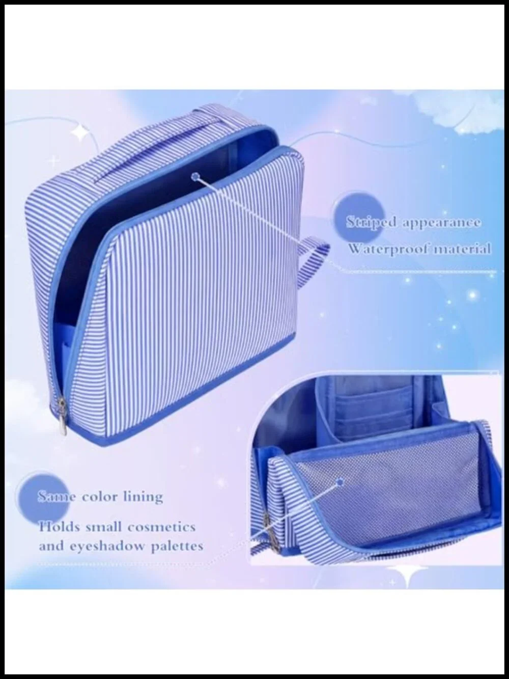 Vertical Striped Waterproof Travel Makeup Bag Stand Up Storage Organizer